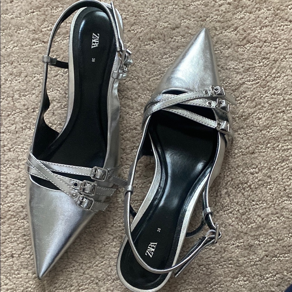 Zara Silver Pointed Toe Slingback Heels with Buckle Straps